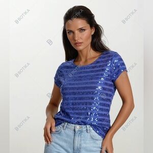 Say What? Navy Blue Sequin Striped Split Back Top